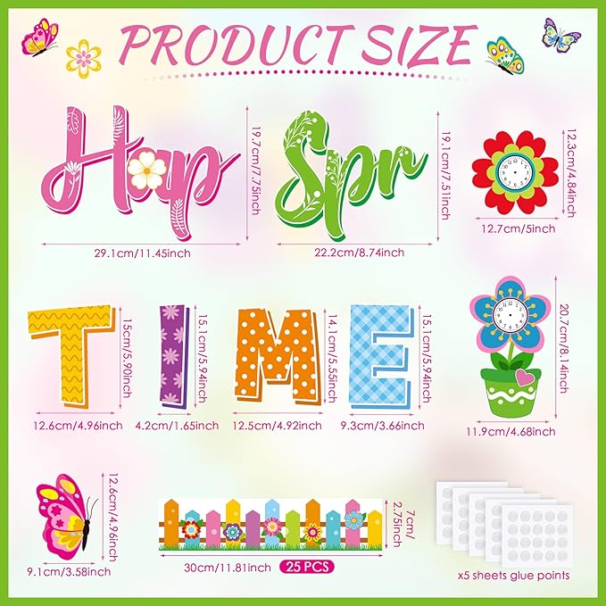Kosiz Spring Clock Bulletin Board Decorations Set Flower Pot Butterfly Time Learning Paper Cutouts Happy Spring Time Classroom Decorations with Fence Borders for School Wall Chalkboard Door Home
