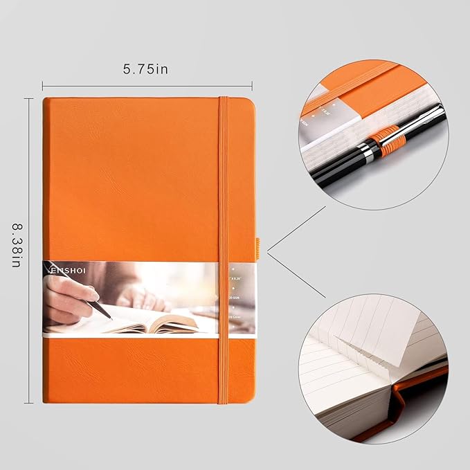 EMSHOI Lined Journal Notebook - 120gsm Thick Leather Journal with Sticky Notes, 256 Numbered Pages A5 Hardcover College Ruled Notebook for Women Men Work School Writing, Medium 5.75" x 8.38"-Orange