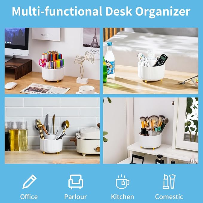 Marbrasse Desk Organizer, 360-Degree Rotating Pen Holder for Desk, Desk Organizers and Accessories with 5 Compartments Pencil Organizer, Art Supply Storage Box Caddy for Office, Home （White）