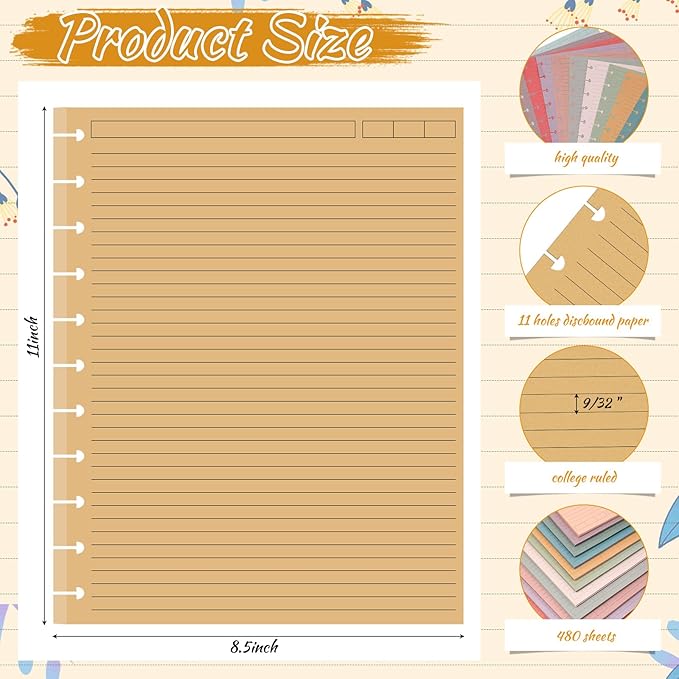 PerKoop 12 Pack 480 Sheets Colored Discbound Refill Paper 8.5 x 11 Inch College Ruled 11 Disc Letter Size Lined Paper Multicolored Refill Notebooks Disc Paper for Refill Paper Journaling (Retro Color)
