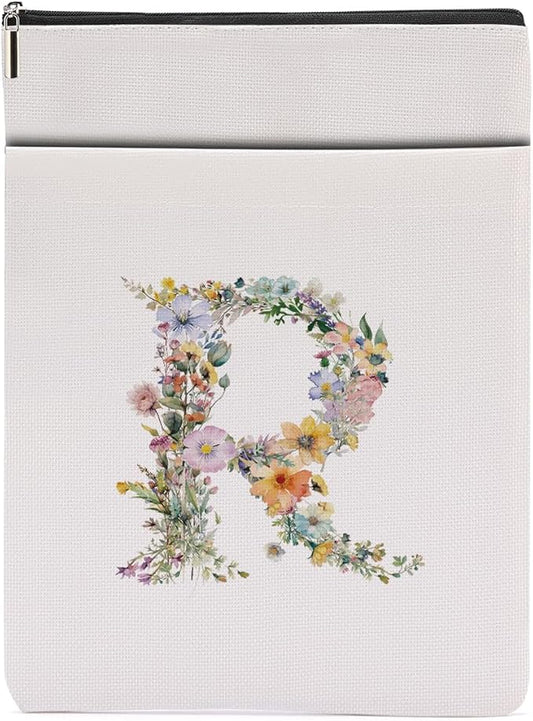 Monogrammed Book Sleeve Floral R Initial Book Pouch Book Accessories Book Lovers Gifts Waterproof Book Cover Book Protector Bookish Gifts Personalized Gifts for Women Girls Readers Bride Coworker
