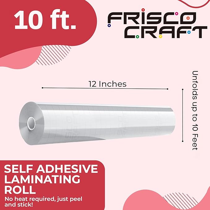 Frisco Craft Transparent Self Adhesive Laminating Roll - Self Laminating Sheets for Decals, Sticker, Photos & More - No Heat Sealing, Glossy, Clear Sheets (12" x 10 ft)