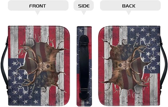 Lotusorchid Reindeer Bible Cover Case, Zippered Bible Carrying Case for Women Girls, Portable American Flag Bible Tote Bag Sturdy Bible Book Cover for Bible Study, Christian Bible Accessories,M