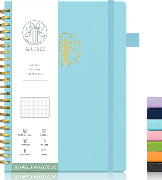 Alltree Large Graph Notebook Journal for Work, Engineering Paper Notebook, Leather Hardcover Spiral Notebook with Pen Loop, Pocket, Stickers, 160 Pages, Journal for Women & Men, Sky Blue(6"x8.5")