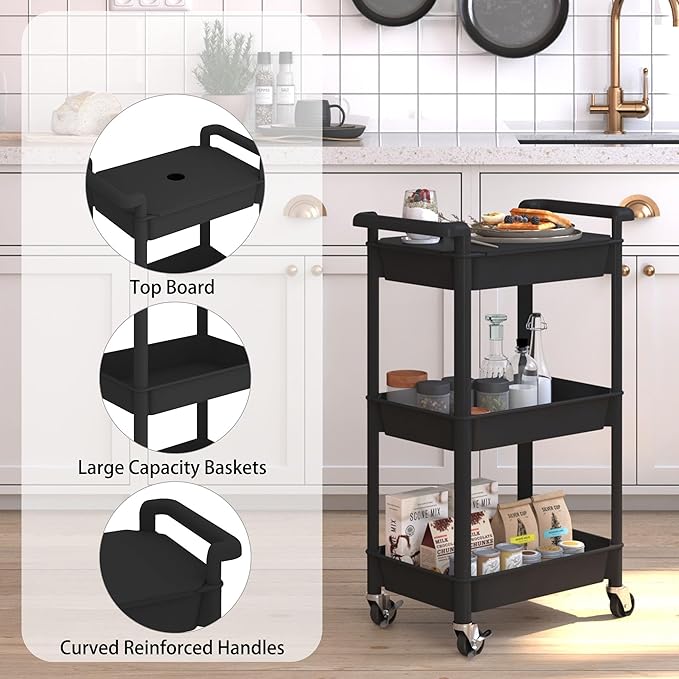 3-Tier Utility Rolling Cart with Cover Top Board, Mobile Utility Cart with Lockable Casters Multi-Functional Storage Trolley for Office, Bathroom, Kitchen, Garden, Laundry Room (Black)