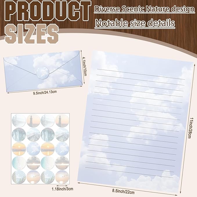 TaoBary 160 Packs Stationery Paper Set (50 Double Sided Stationery Writing Papers 50 Matching Envelopes) 60 Round Dot Sticker, 10 Design (8.5 x 11 Inch,Natural Scenery)