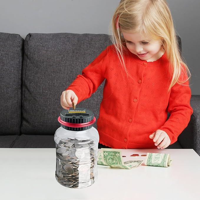 Coin Bank for Adults, QPEY Piggy Bank Coin Jar with LCD Counter Change Counter for Counting Money, Change Bank Designed for All US Coins (Red)