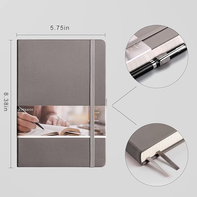 EMSHOI Graph Paper Notebook - 256 Pages A5 Graph Notebook/Journal, Hard Cover, 120gsm Thick Paper, Smooth PU Leather, Inner Pocket, 5.75" x 8.38"-Dark Grey