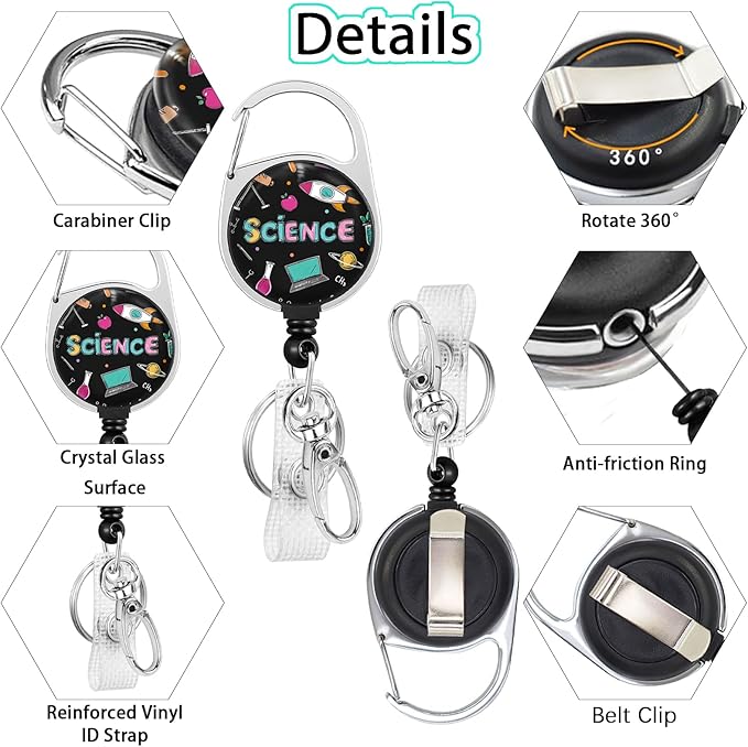 Gctriki Science Teacher Badge Reel Retractable with 360° Swivel Carabiner Clip, Fun Work ID Badge Holder Retractable Clip, Cute Students Nurse Teacher ID Card Holder Keychain Accessories Office Gifts