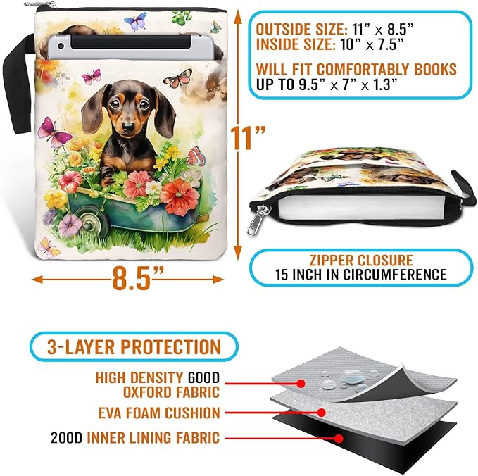 84hoods Book Cover Bag with Zipper and Front Pocket. Flower Garden. Washable Fabric Padded Protector Pouch for Paperbacks. Dachshund and Book Lovers Gift. 11 X 8.5 Inch.
