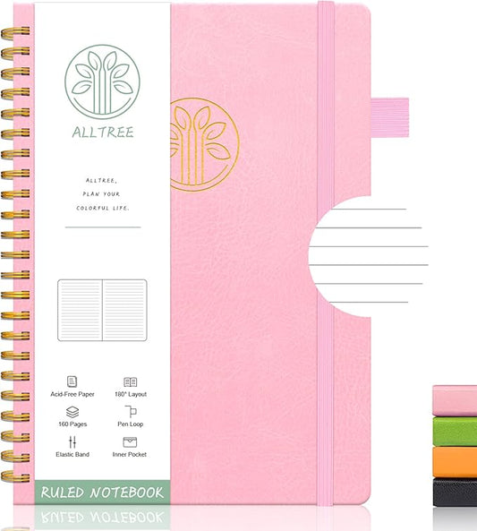 Alltree Lined Journal Notebook, Hardcover Spiral Notebook for Work, Hardcover Spiral Notebook with Tabs, Pen Loop, Pocket, Stickers, 160 Pages, Journal for Women & Men, Pink(6"x8.5")