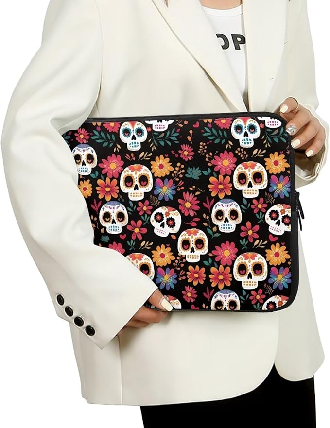 Skull Printed Computer Carrying Cover with Floral Print Laptop Case Bag Easy to Carry Computer Bag, 13 Inch Lightweight Laptop Briefcase Messenger Bag for Women