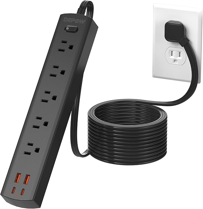 Surge Protector Power Strip(1875W/15A), 10 Ft Flat Extension Cord with 5 AC Outlets 4 USB Ports(2 USB C), 1700 Joules, Flat Plug, Wall Mount for Home Office, Dorm Essentials, Black