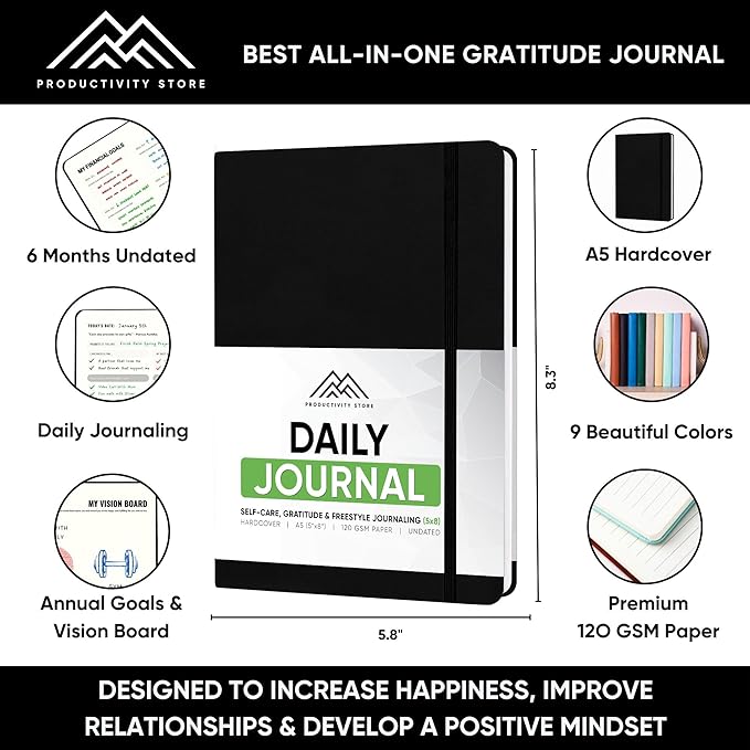 Best Daily Journal for Men & Women for Mindfulness, Productivity, Happiness & Self Care | Gratitude Journal, Affirmation Journal, Positivity Journal, Manifestation Journal, Self-Care Journal, Habit Tracker & Daily Journal with Prompts (Black)
