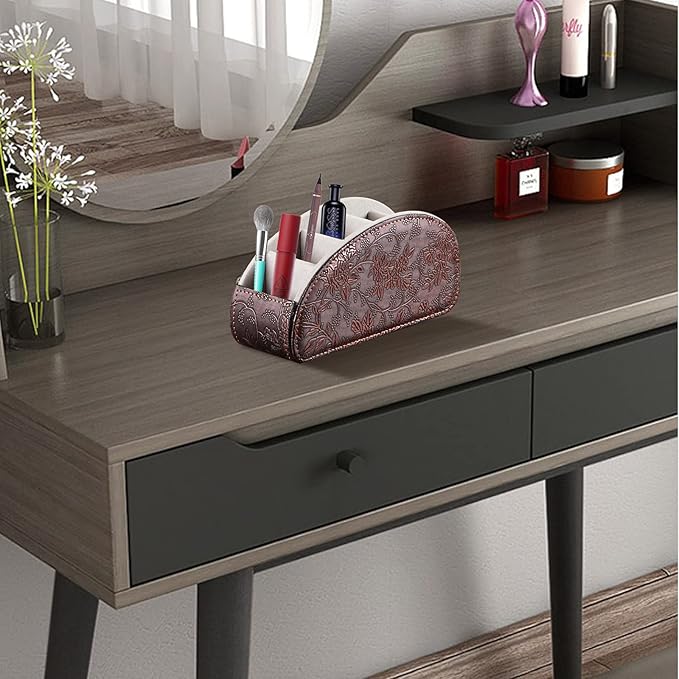 YAPISHI All-in-One Leather Brown TV Remote Holder with 5 Compartments Nightstand Desktop Media Player Remote Caddy Storage Box Organizer Tray for Mobile Office Phone Controller