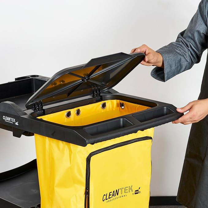 Restaurantware-Clean Tek Professional Janitor Cart with Wheels, 1 Cleaning Trolley with Cover and 21 Gallon Bag - 3 Shelves, Heavy-Duty, Gray Plastic Commercial Janitorial Cart, for Restaurants