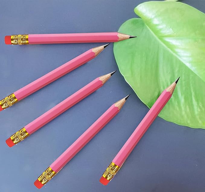Adhere 25pcs Golf Pencils with eraser Hexagon Wooden Pencils Graphite 2B for Golf Event Scoring,Classroom,Wedding,Company Meetings,Pew, Pocket (Pink)