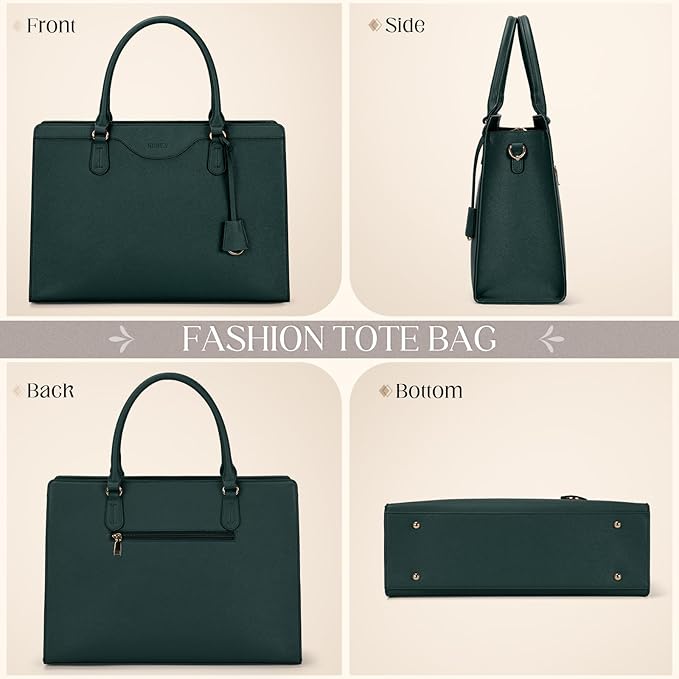 RAINSMORE Laptop Bag for Women 15.6 Inch Waterproof Leather Computer Tote Bag Professional Business Office Work Bags Briefcase Large Capacity Lightweight Women Handbag Shoulder Bag, Dark Green
