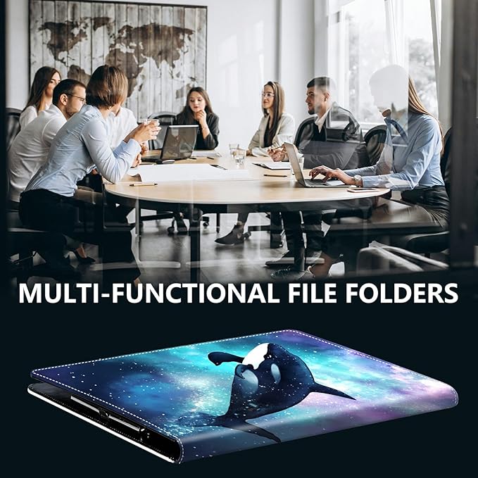 PU Leather Padfolio Clipboard Notepad with Pen Loop and Elastic Strap Interview/Resume Document Organizer for Business School Office,Orca Whale