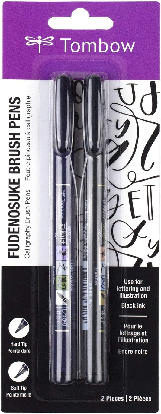 Tombow 62038 Fudenosuke Brush Pen, 2-Pack. Soft and Hard Tip Fudenosuke Brush Pens for Calligraphy and Art Drawings