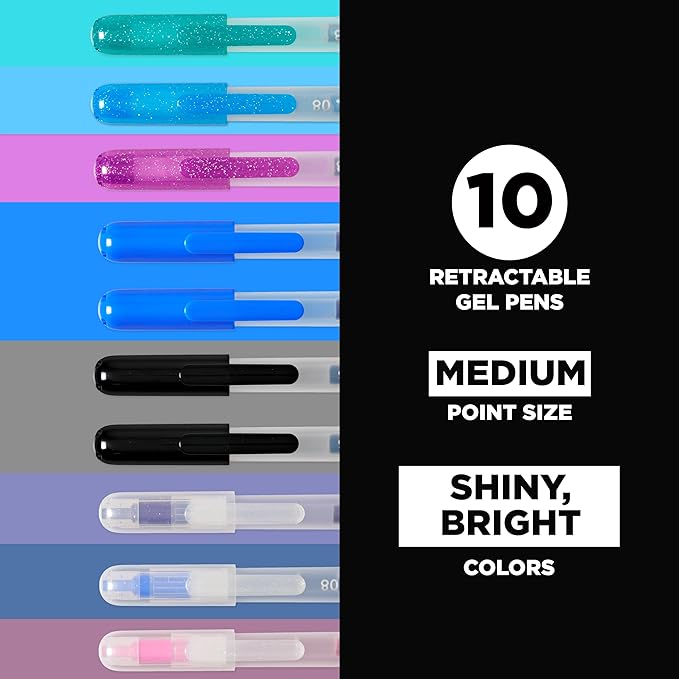 SAKURA Gelly Roll Retractable Gel Pens Colored - Sparkle Set - Medium Point Ink Pen for Journaling, Art, or Drawing - Colored Gel Pens with Glitter, Metallic, Blue & Black Pens - 10 Pack