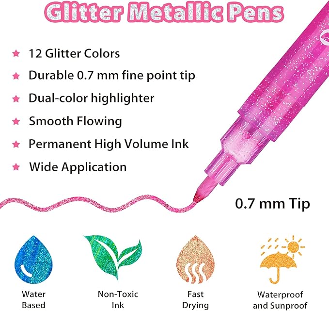 Ohuhu Glitter Markers Pen 12 Glitter Colors Metallic Shimmer Marker Fine Point Tip Water-based Ink for Kids Adults DIY Crafts Greeting Birthday Cards Making Poster Album Scrapbooking Mugs Wood