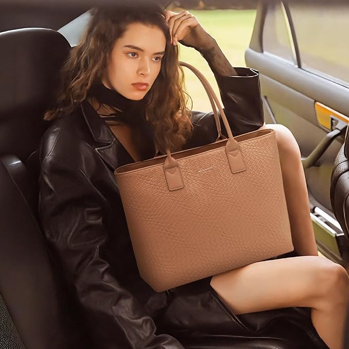 LOVEVOOK Laptop Purses and Handbags for Women, 15.6 Inch Computer Bag Work Tote Briefcase Satchel Handbags for Women with Small Clutch, Light Brown