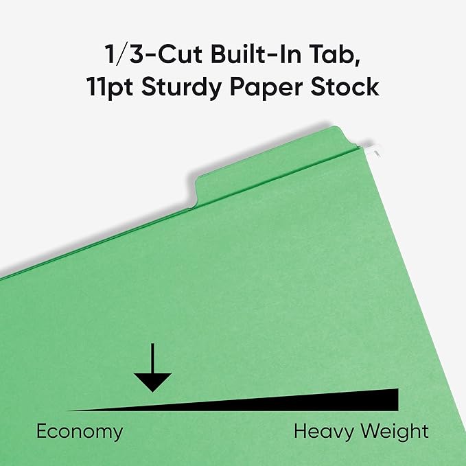 Smead FasTab Hanging File Folder, 1/3-Cut Built-in Tab, Letter Size, Green, 20 per Box (64098) (Pack of 1)