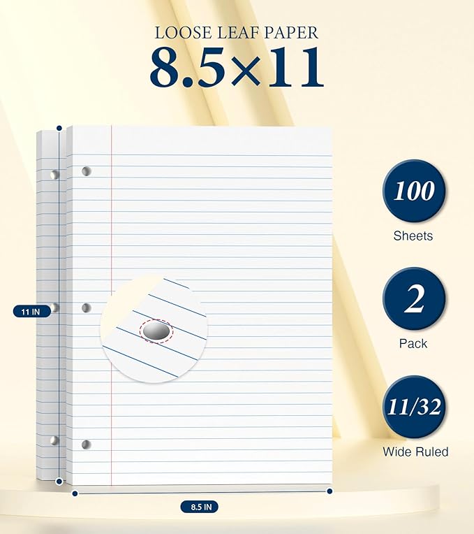 Loose Leaf Paper, Notebook Paper, 8.5 x 11 Wide Ruled Paper, 3 Hole Punch Binder Paper, Binder Notebook, Lined Paper for 3 Ring Binders, 200 Sheets Filler Paper, Writing Paper with Lines (2 Pack)