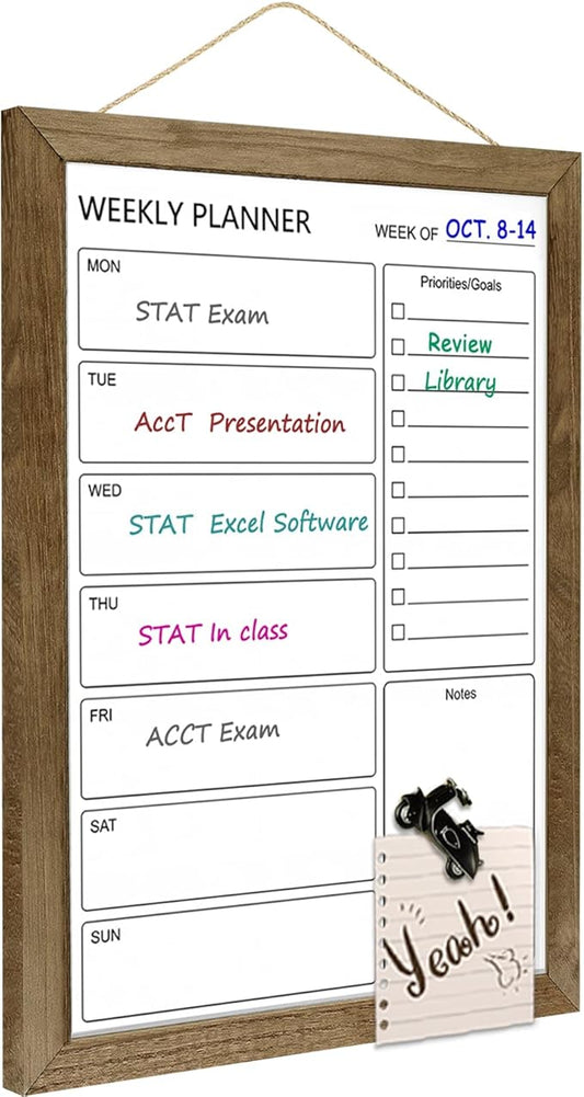 Dry Erase White Board Weekly Calendar Board, Magnetic Whiteboard for Wall,10.5“x14.5 Solid Wood Rustic Brown Framed Message Board, Planner Board for Office, Home, Schooll(Weekly-BB-RB-2737)