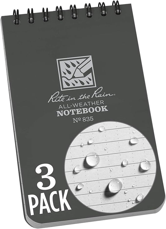 Rite in the Rain Weatherproof Top Spiral Notebook, 3" x 5", Gray Cover, Universal Pattern, 3 Pack (No. 835-3X)