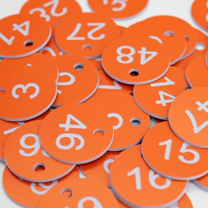 StayMax Plastic ID Number Tags Engraved Tags Key Tags Without Key Rings (1-100, Orange)