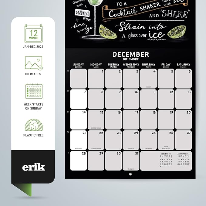 Cocktails Wall Calendar 2025 12" x 12" FSC® Plastic Free - Starts Week On Sunday | Square Wall Calendar | Family Planner Calendar 2025 | Drinks Calendar 2025