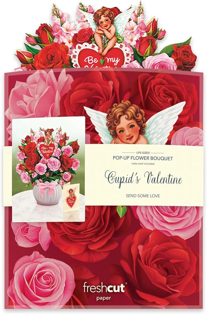 Freshcut Paper Pop Up Cards, Cupid's Valentine, 12 Inch Life Sized Forever Flower Bouquet 3D Popup Greeting Cards, Valentine's Day, Anniversary Card, Note Card & Envelope