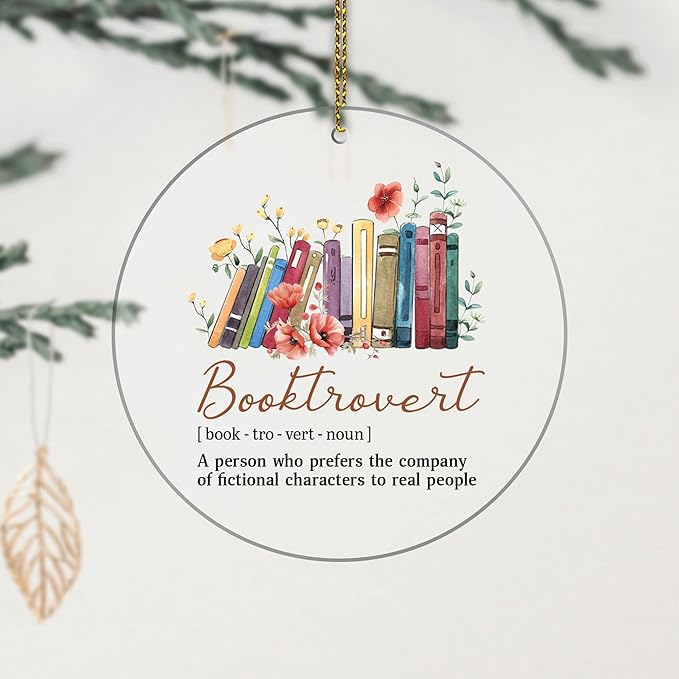 HYTURTLE Funny Book Gifts for Book Lovers Librarian - Book Christmas Ornament Tree Hanging Decoration - Book Lover Gifts - Book Gifts for Women Men - Booktrovert Xmas Acrylic Ornament Decor Keepsake