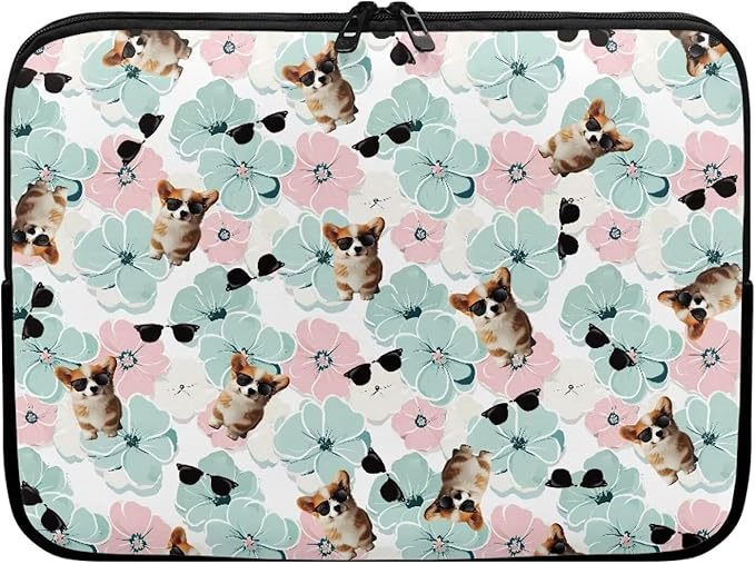 Corgi Dog Printed Computer Bags for Laptops for Women Men, Shockproof 15 Inch Laptop Case Bag Floral Print Messenger Bag with Zipper, Laptop Case Computer Carrying Cover Easy to Carry