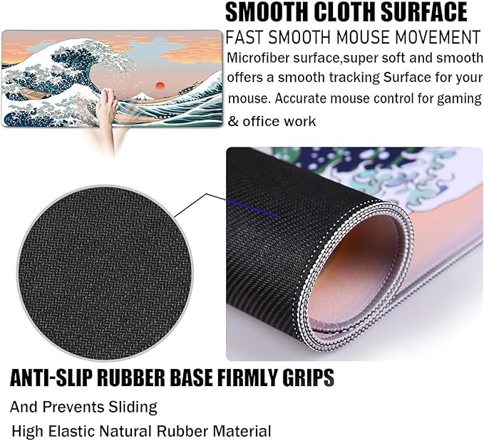 Japanese Large Mouse Pad,Desk Mat Large Office Desk Pad, Extended Large Mouse Mat for PC, Stitched Edges Gamer Mousepad 35.4 X 15.7 Inch Long Mice Pad, Sunset Sea