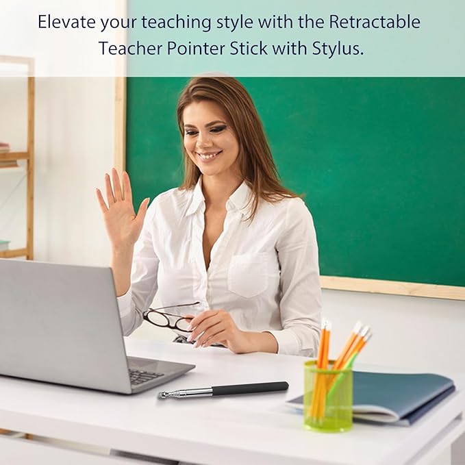 Retractable Teacher Pointer 𝟑𝟗.𝟓'', Pointer Stick with 𝗦𝘁𝘆𝗹𝘂𝘀 Smooth Sensitive Tablet Pen Stylus Pen, Teacher Coach Presenter Pointer Black