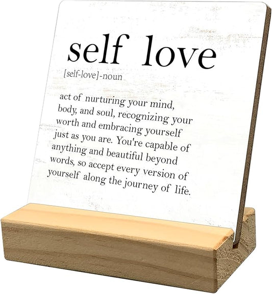 Inspirational Gifts for Women Home Desk Decor, Self Love Motivational Quotes Wooden Plaque Sign Desk with Wooden Stand Decoration, Positive Birthday Christmas Gifts for Women Sister Friend Coworker