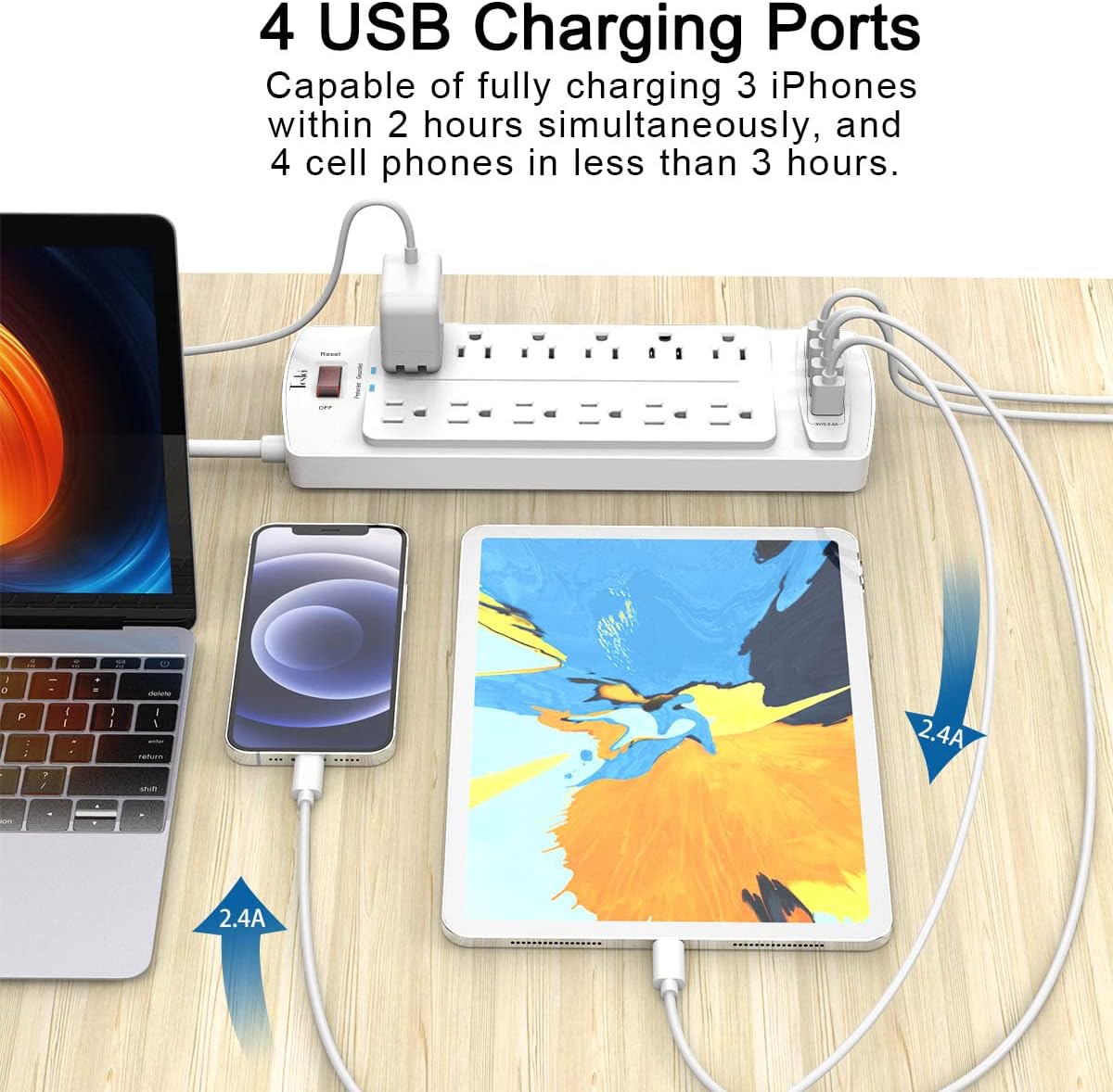 Power Strip, Tcstei Surge Protector with 12 Outlets and 4 USB Ports, 20 Feet Extension Cord (1875W/15A) for Home, Office, Dorm Essentials, 2700 Joules, ETL Listed, White