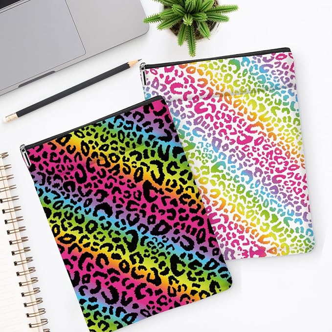 2 Pack Rainbow Leopard Print Book Sleeve, Books Protector，Books Pouch， Book Lovers Gifts，Bookish Gifts Waterproof Cover with Zipper，Leopard Decor Gift Bag for Women Girls Manager Christmas