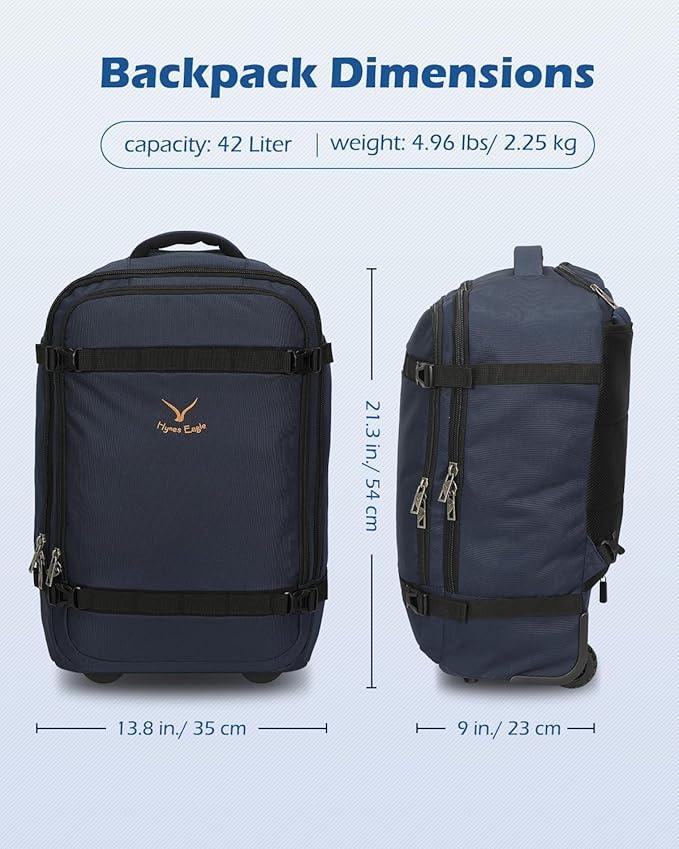 Hynes Eagle Rolling Backpack 42L Backpack with Wheels Airline Approved Carry on Luggage Laptop Travel Backpack for Women Men Navy Blue