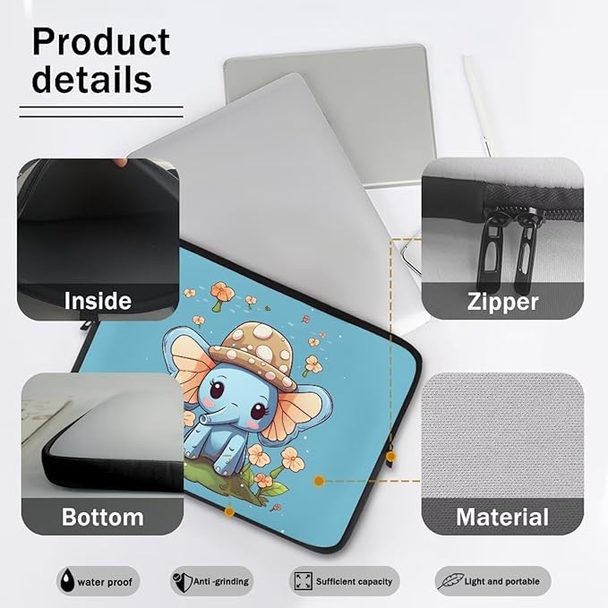 Cute Elephant Laptop Protective Sleeve for Women Girls 10 inch Computer Sleeve Bag Flower Zippered Pouches Lap Top Case Suitable for Daily Use Travel School Office Organizers Bag