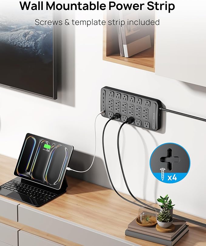 TROND Surge Protector Power Strip, 360° Rotating Flat Plug, 24 AC Outlets, 6 USB Ports Total 37W, 4000 Joules, ETL Listed, 6ft Heavy Duty Extension Cord 1875W for Gaming Dorm Room Essentials Black