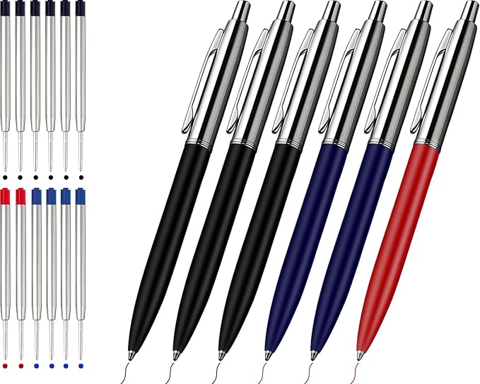 ChaoQ 6 Pcs Ballpoint pens, Refillable & Retractable Metal Ballpoint pens 1.0mm Medium Point Smooth Writing Pens School Office Supplies Gifts, 12 Extra Replaceable Refills, Black/Blue/Red Inks