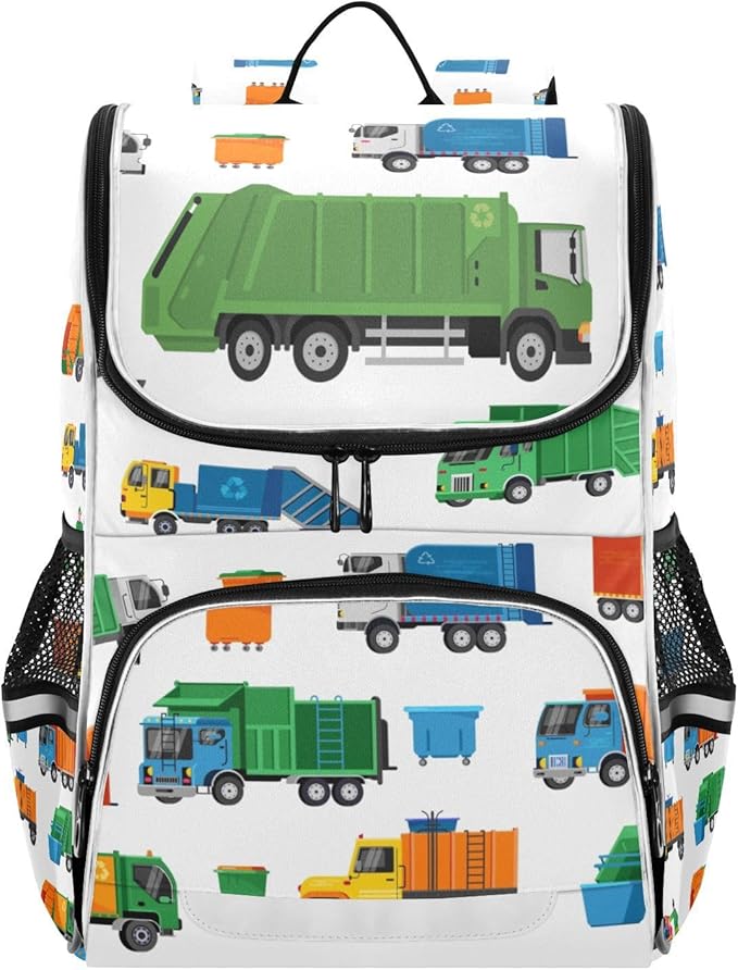 Garbage Trucks Backpack with Reflective Strip for Kids Boys Girls Elementary School Bag Removable Chest Strap