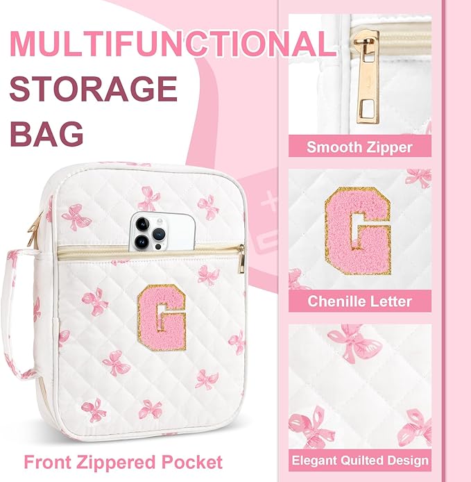 Personalized Initial Bible Cover Case for Women Girls Kid - Large Quilted Bible Case with Handle, Stylish Chenille Letter Bag Study Supplies, Perfect Christmas Gifts for Christians Women (Pink Bow-G)