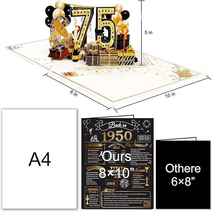 75th Birthday Card for Men Women, Funny 3D Pop Up 75th Birthday Gifts for Grandma Mom Dad, Back In 1950 Happy 75 Year Old Birthday Decorations Cards for Her Him