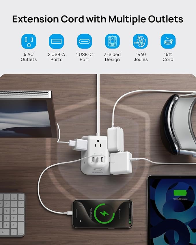 TROND 15ft Long Extension Cord, Ultra Thin Flat Plug Power Strip, 5 Widely-Spaced AC Outlets and 3 USB Ports, 1440J Surge Protector, 3-Sided Wall Mount for Home Office Dorm Room, White