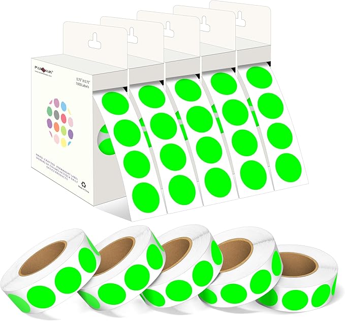 PARLAIM 3/4 Inch Round Permanent Adhesive Color-Code Dot Stickers,10000 Stickers Roll dots Label Dispenser Box Green Circle Stickers Labels 10Rolls (Fluorescent Green)